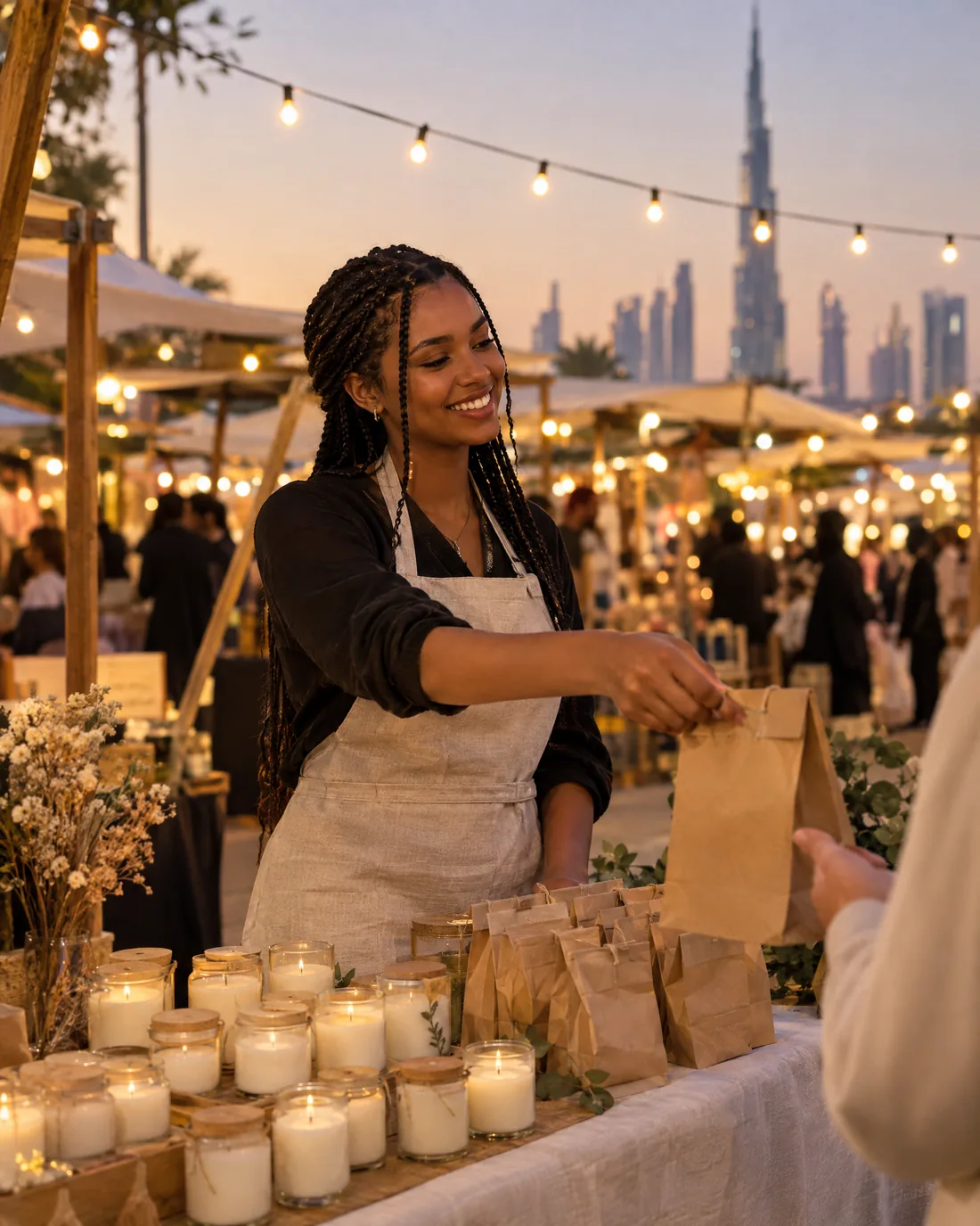 A student at her own stall at an evening market hands a customer a paper bag.