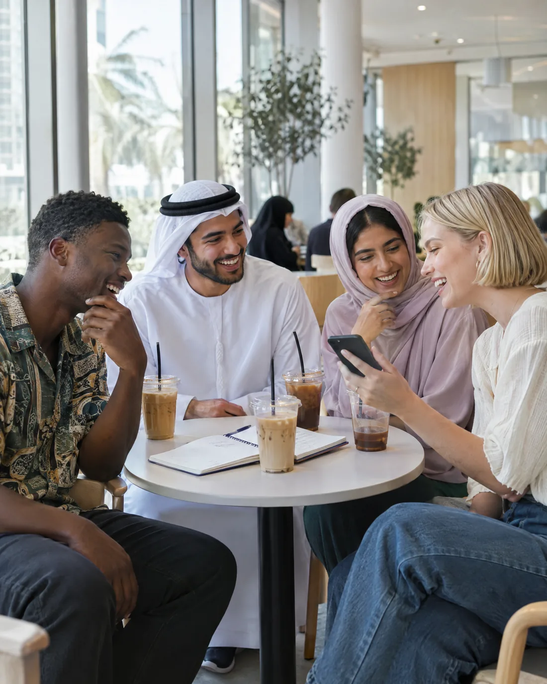 Four friends laugh together at a campus café while one reads from her phone.
