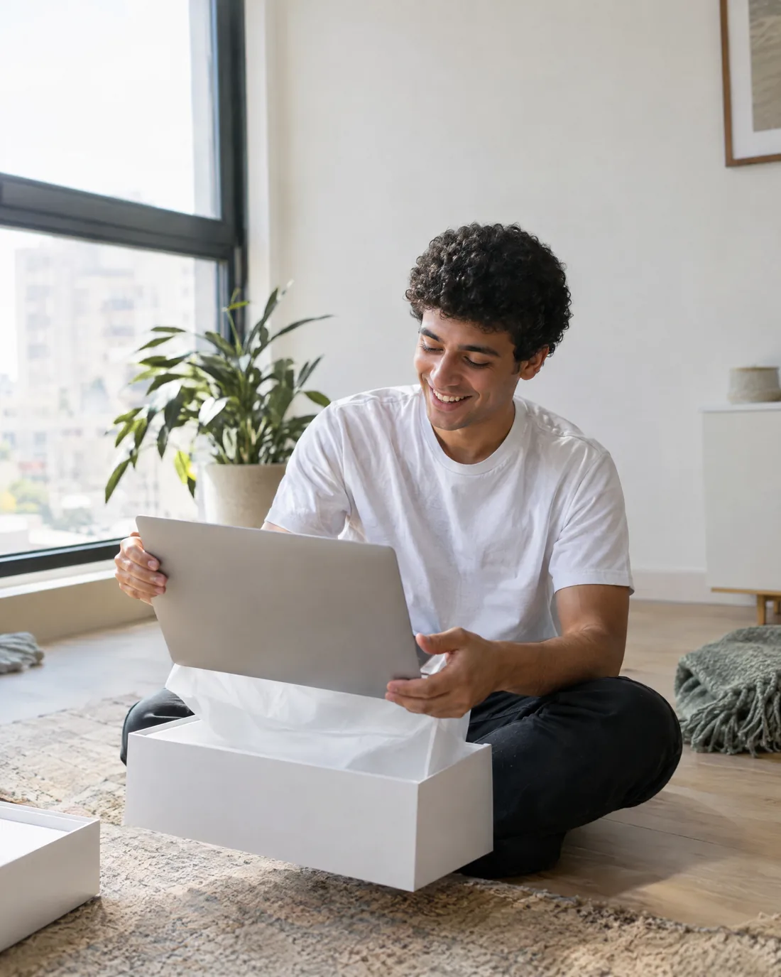 A student happily unpacks the new laptop he saved up for.