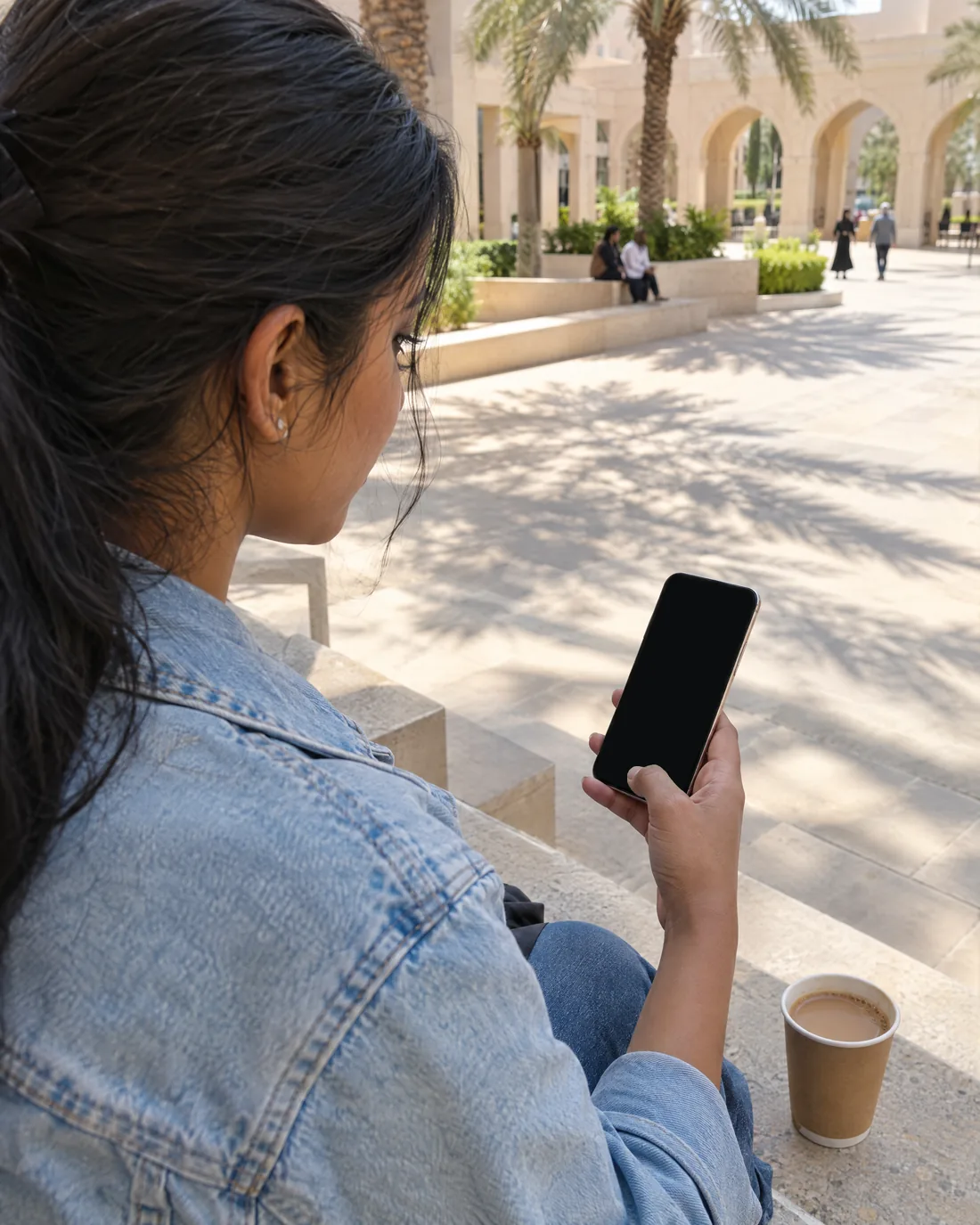 Over the shoulder of a student on sunny campus steps, reading a lesson on her phone.