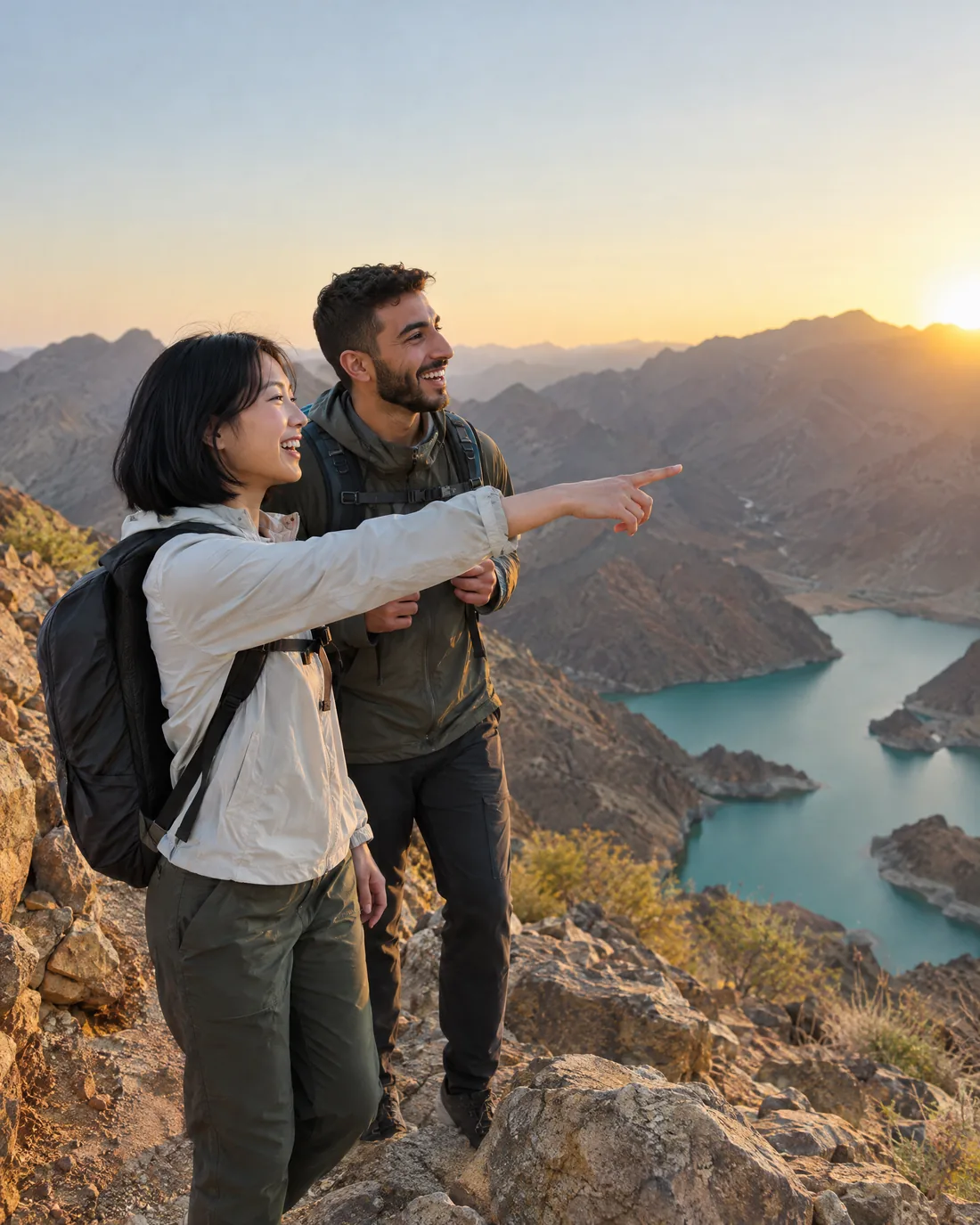 Two friends laugh on a mountain trail above a turquoise lake at sunrise.