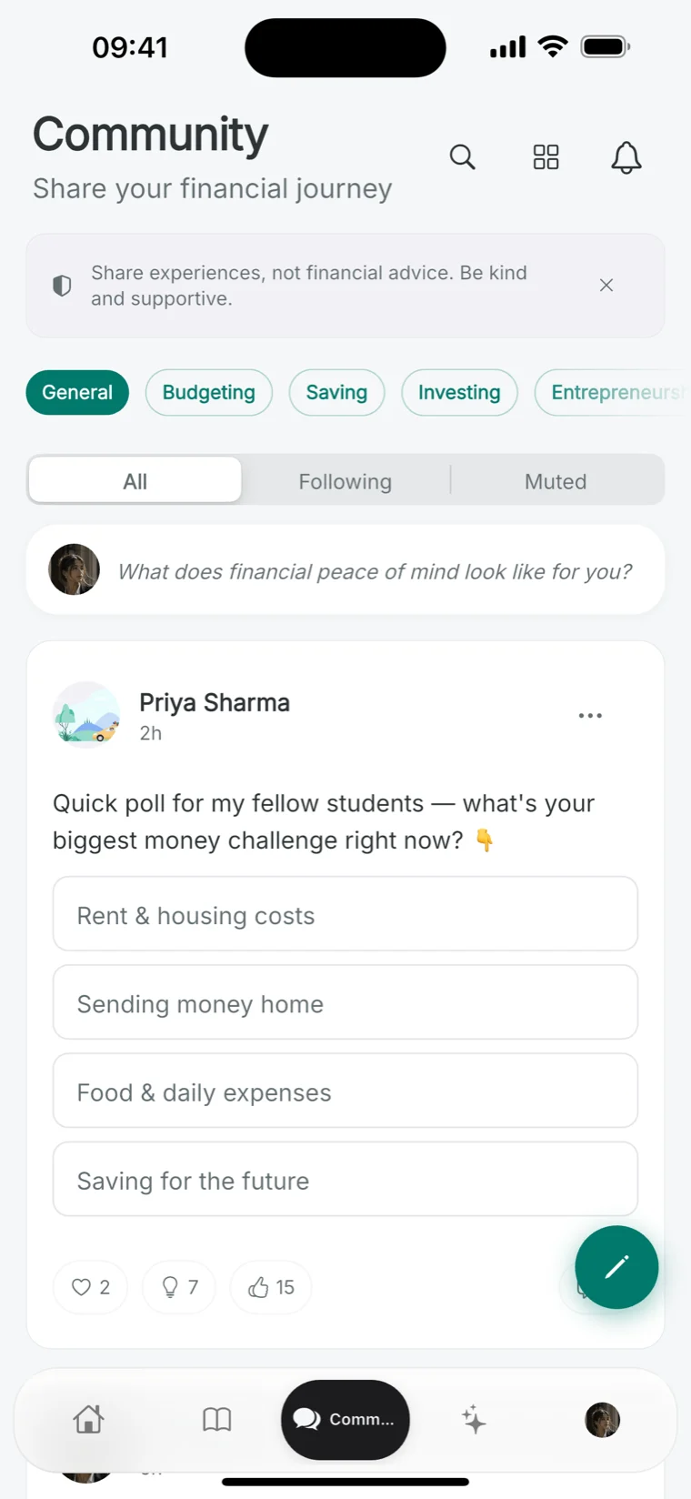 The community feed with a student poll and reactions.