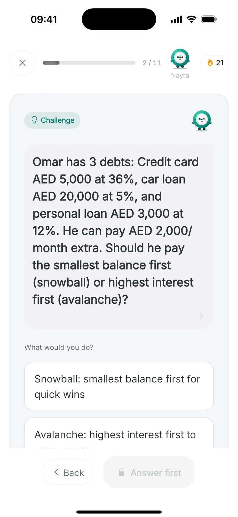 A lesson in the app: a question about paying off debt, an answer is tapped, Nayra explains why.